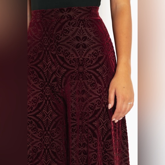 BLACKMILK Burned Velvet Wine PALAZZO PANTS! Flowy Sheer Wide Leg High Waist - Picture 4 of 6